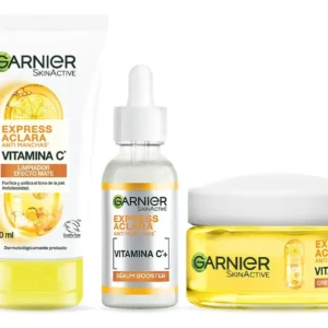 Kit Garnier Express Aclara Rutina Anti Manchas con Vitamina C, Gel Limpiador, Sérum Facial y Crema Hidratante FPS30, Hidrata, Ilumina y Unifica el Tono de la Piel